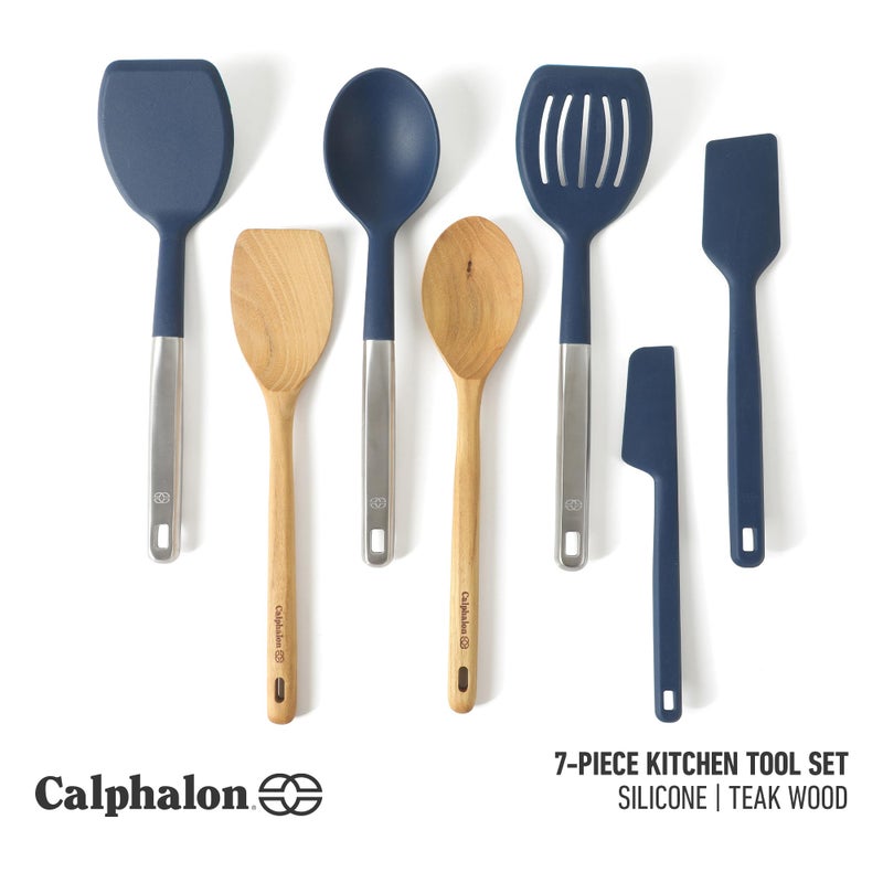 Calphalon Prime 7 Piece Sillicone and Teak Wood Kitchen Tool & Gadget Set - Navy Blue - Image 2