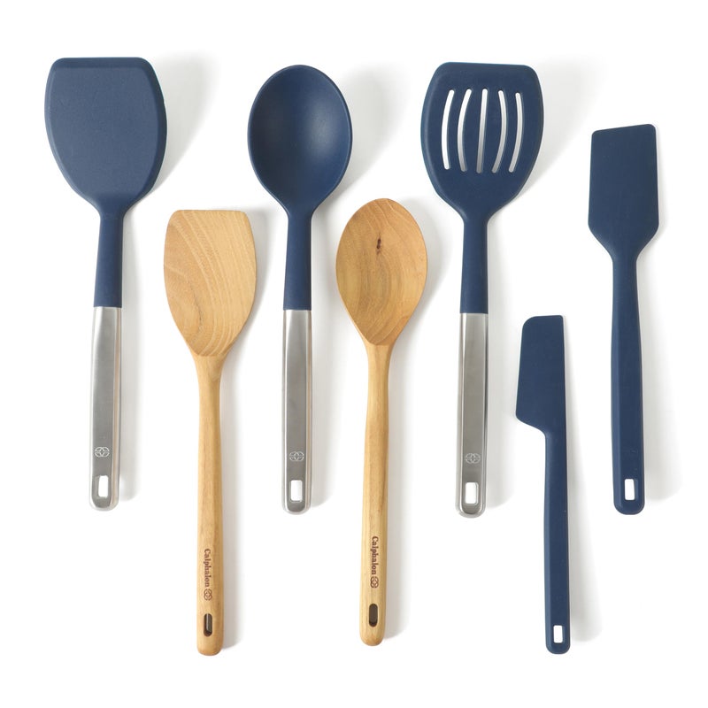 Calphalon Prime 7 Piece Sillicone and Teak Wood Kitchen Tool & Gadget Set - Navy Blue - Image 1