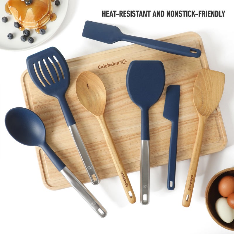 Calphalon Prime 7 Piece Sillicone and Teak Wood Kitchen Tool & Gadget Set - Navy Blue - Image 3