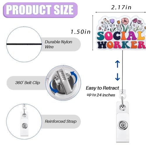 Bydevia Cute Social Worker Badge Reel Retractable, SW Badge Reel, Social Work Appreciation Gift, Floral MSW Badge Clip, Funny Social Worker Gifts, ID Badge Holder with Alligator Clip & 24” Durable Nylon Cord - Image 2