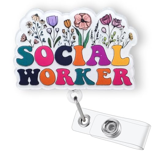 Bydevia Cute Social Worker Badge Reel Retractable, SW Badge Reel, Social Work Appreciation Gift, Floral MSW Badge Clip, Funny Social Worker Gifts, ID Badge Holder with Alligator Clip & 24” Durable Nylon Cord - Image 1