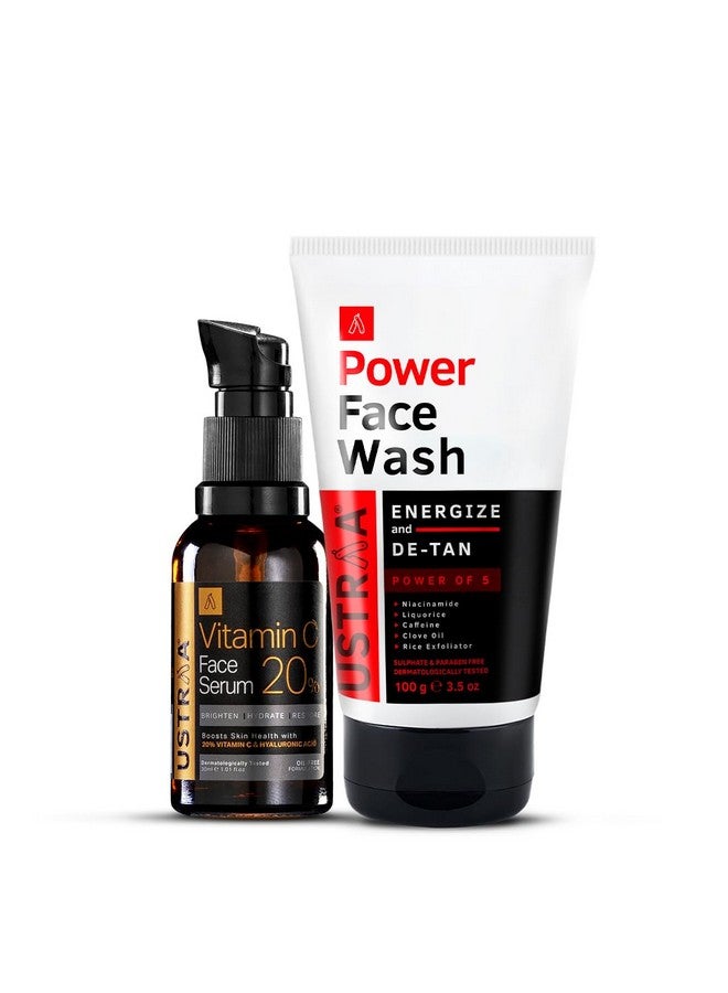 Ustraa Power Face Wash -100G - Energize & De-Tan | For Effective Tan Removal | Helps Brighten Skin & 20% Vitamin C Face Serum - 30Ml | 20% Vitamin C In Pure Form | Anti-Aging, Brightening - Image 1