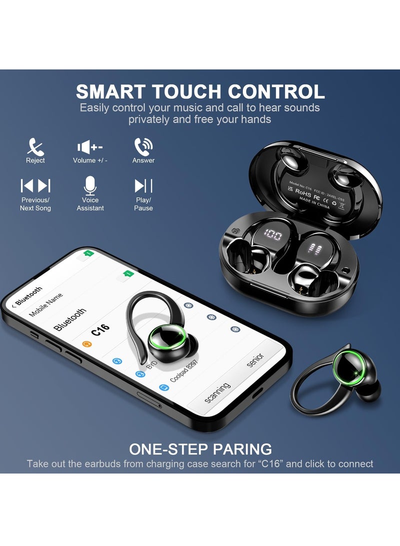 KASTWAVE Headphones Bluetooth 5.3 Wireless Bass Stereo Over Ear Earbuds ENC Noise Cancelling Mic with Earhooks, 48H Playback and Dual LED Display, IP7 Waterproof Earphones for Sports/Workouts/Gym/Gaming - Image 3