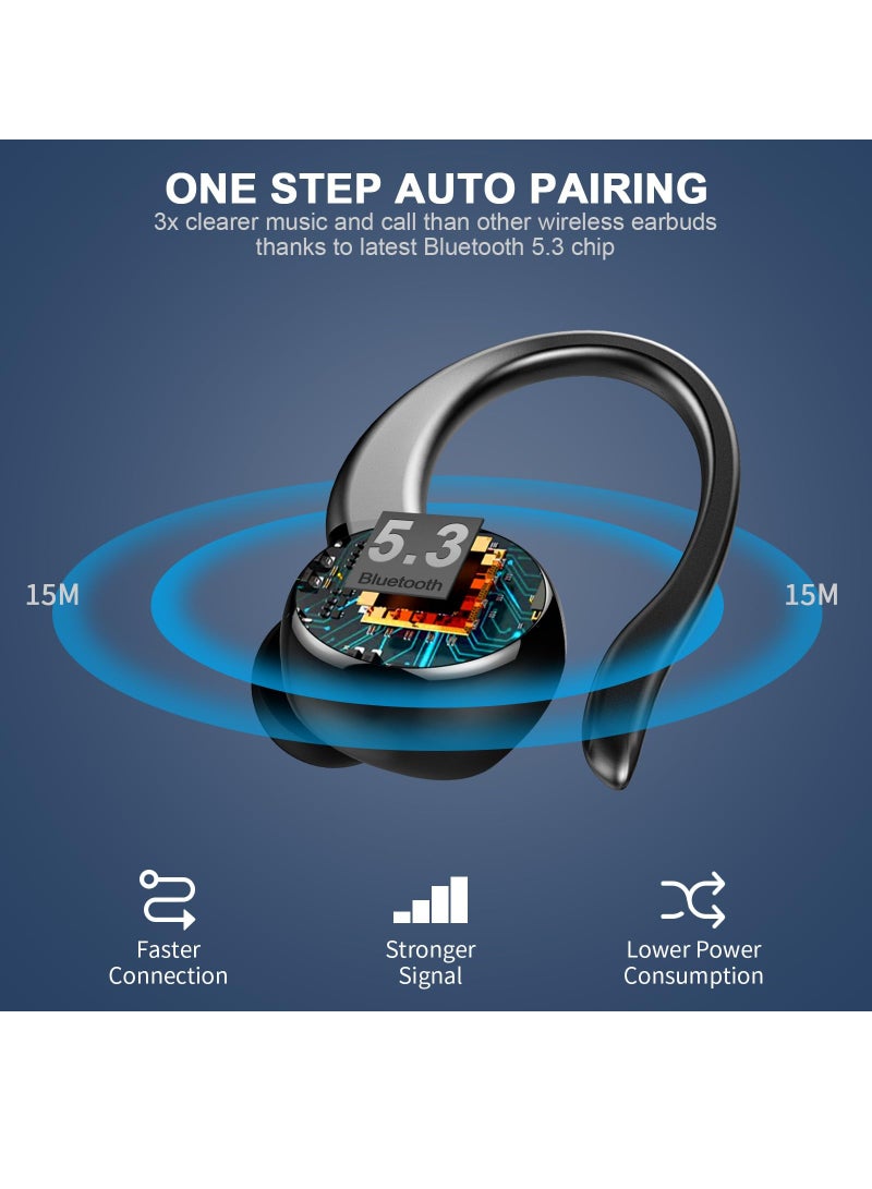 KASTWAVE Headphones Bluetooth 5.3 Wireless Bass Stereo Over Ear Earbuds ENC Noise Cancelling Mic with Earhooks, 48H Playback and Dual LED Display, IP7 Waterproof Earphones for Sports/Workouts/Gym/Gaming - Image 4