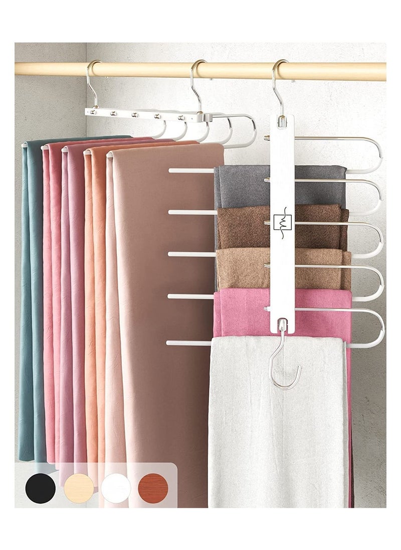 MahMir - MahMir Magic Pants Hangers Space Saving Closet Hangers 5 Layers 2 Uses Multi Functional Pants Rack Solid Metal & Wood Heavy Duty Wardrobe Organizer Racks for Trousers Scarves Ties (2-Pack White) - Image 1