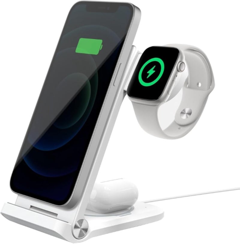 Nillkin PowerTrio 3-in-1 Wireless Charger Station With MageSafe for Mobile Phone/Earphone/Smart Watch, with MFi Certified Apple Watch Wirelss Charger (EU Plug) - White