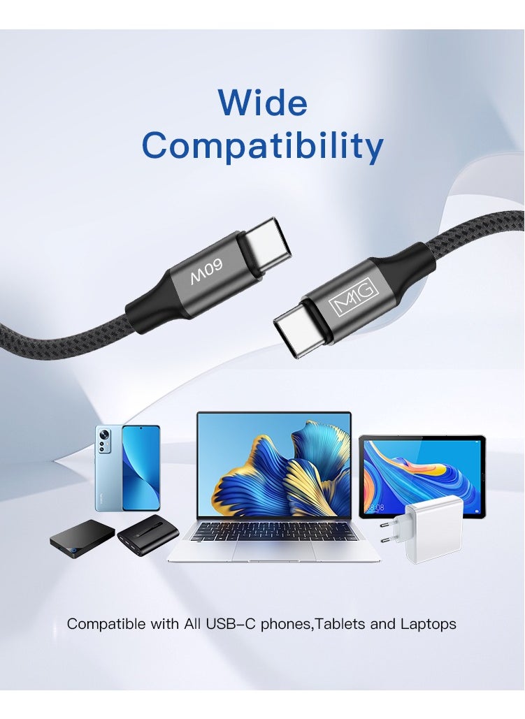 MMG - USB C Braided Cable 60W, USB-C to USB-C 2 meter, USB C Charger Cable for iPhone 15, Mac Book Pro 2020, iPad Pro 2020, Switch, Samsung Galaxy S20 Plus S9 S8 Plus, Pixel, Laptops and lot more - Image 1