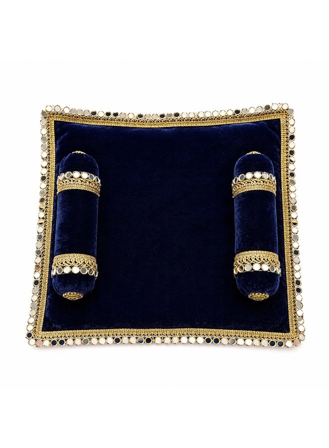 Premium Blue Laddu Gopal Bed & Aasan | Designer Velvet Singhasan with Matching Bolsters & Golden Embellished Border | Pooja Aasan for Laddu Gopal, Ganpati & Hindu God Idols | 7.5, 8.5 & 9.5 Inch
