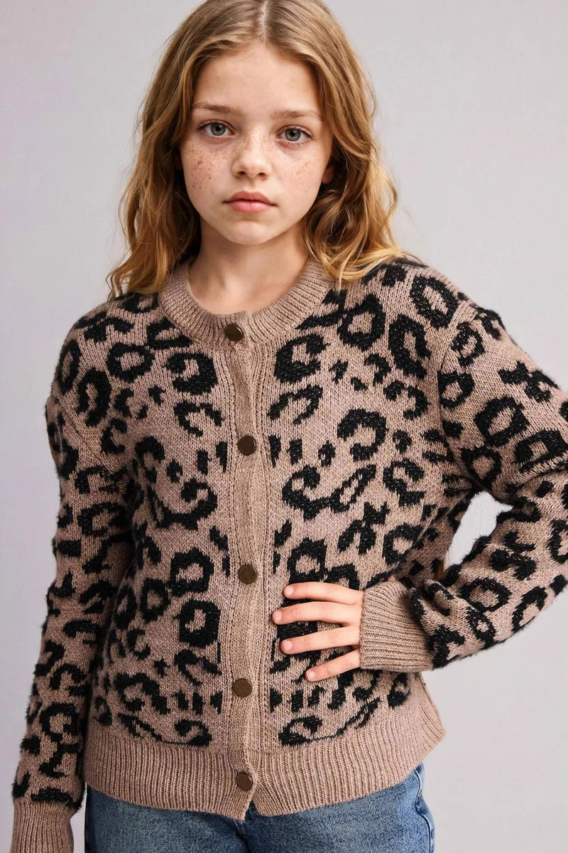 ديفاكتو Girl Leopard Print Buttoned Cardigan