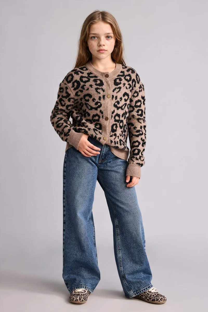 ديفاكتو Girl Leopard Print Buttoned Cardigan