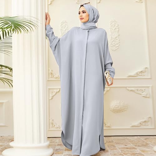 AWIBMK Abayas for Women Abaya Full Cover Dubai Turkey Kaftan Henley Shirt Prayer Dress Muslim Batwing Sleeve Arabian Robe Ramadan Maxi Dresses Modest Islamic Casual Clothes Outfit Gray One Size - Image 4
