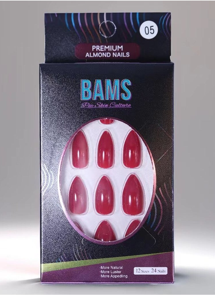 BAMS Pop Skin Culture BAMS Premium Almond Fake Nails in Dark Red Shades, 12 Sizes & Easy Press-On  - Image 1