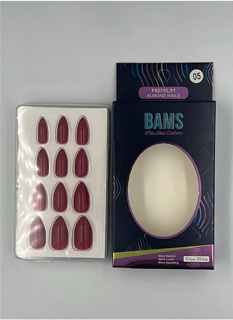 BAMS Pop Skin Culture BAMS Premium Almond Fake Nails in Dark Red Shades, 12 Sizes & Easy Press-On  - Image 2