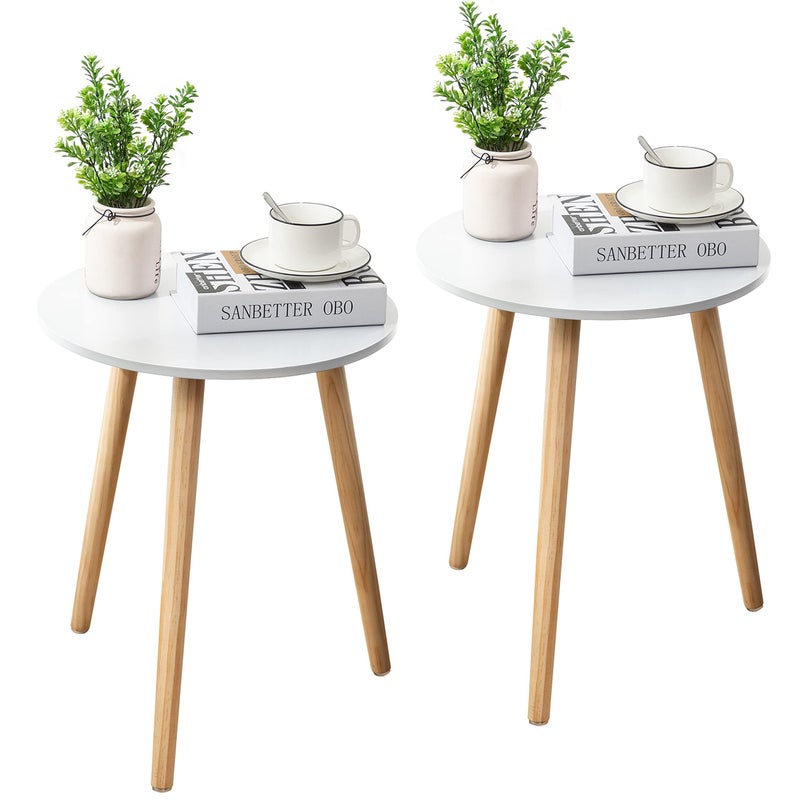 Apicizon Round Side Table Set of 2 White Nightstand Coffee End Table for Living Room Bedroom Small Spaces Modern Home Decor Bedside Table with Natural Wood Legs 165 Inches