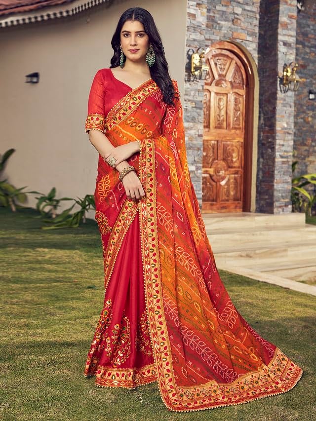Satrani Women's Chiffon Bandhani Printed & Lace Embroidery Saree with Unstitched Blouse Piece (3618S175N_Red & Yellow1) - Image 2