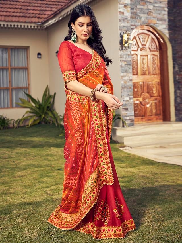 Satrani Women's Chiffon Bandhani Printed & Lace Embroidery Saree with Unstitched Blouse Piece (3618S175N_Red & Yellow1) - Image 4