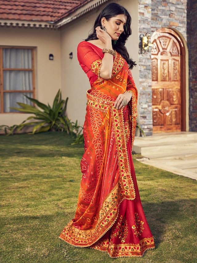 Satrani Women's Chiffon Bandhani Printed & Lace Embroidery Saree with Unstitched Blouse Piece (3618S175N_Red & Yellow1) - Image 3