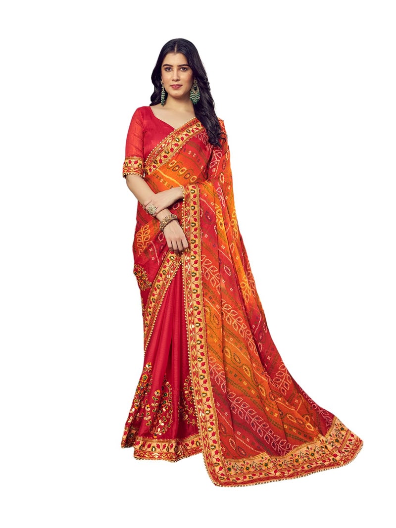 Satrani Women's Chiffon Bandhani Printed & Lace Embroidery Saree with Unstitched Blouse Piece (3618S175N_Red & Yellow1) - Image 1