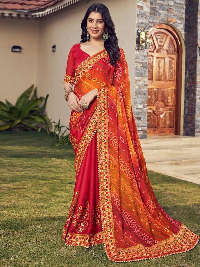 Satrani Women's Chiffon Bandhani Printed & Lace Embroidery Saree with Unstitched Blouse Piece (3618S175N_Red & Yellow1) - Image 5