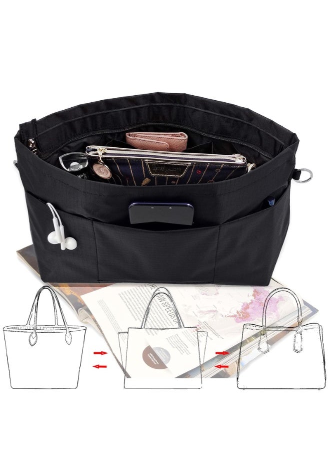 XL Handbag Organiser Insert, Black, with Zipper and 11 Pockets, 32x26x14cm - Image 3