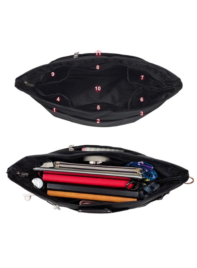 XL Handbag Organiser Insert, Black, with Zipper and 11 Pockets, 32x26x14cm - Image 4