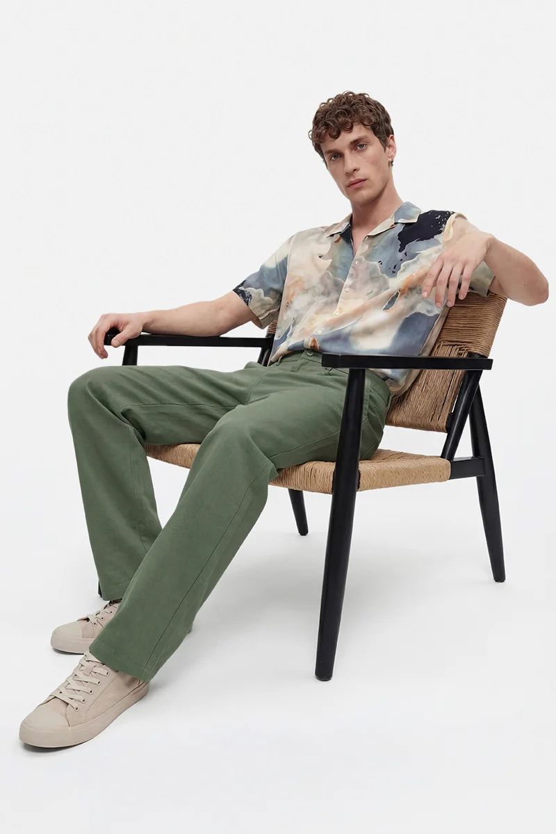 سنيتش Sage Green Solid Wide Leg Casual Trousers