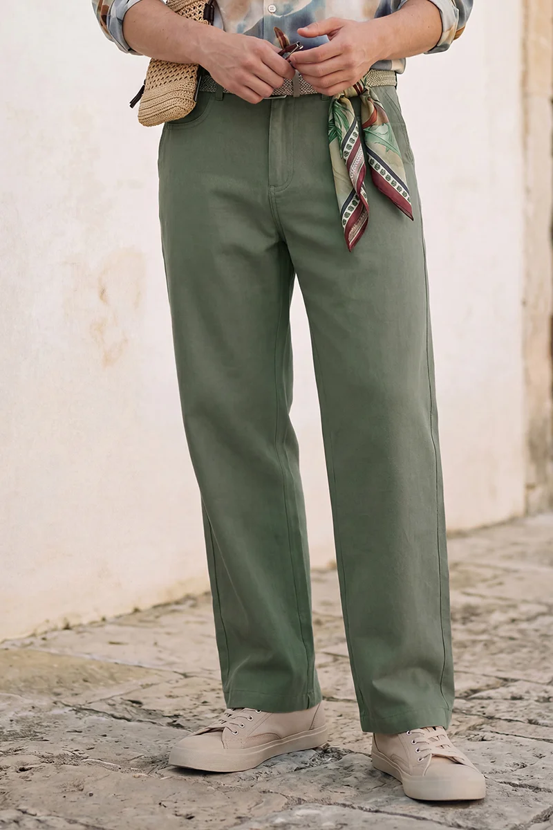 سنيتش Sage Green Solid Wide Leg Casual Trousers