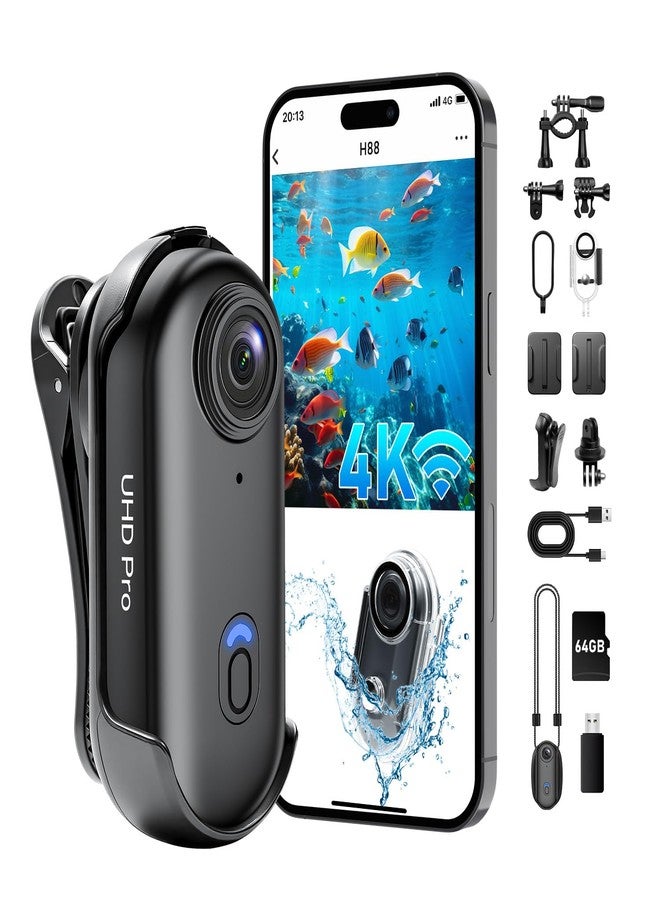 eovas 4K Action Camera, Wearable Body Camera with 64GB, Hands-Free Recording WiFi POV Camera with Waterproof Case, Back clip, Thumb Size Sports Cam Portable Camcorder for Cycling, Hiking, Fishing, Vlogging - Image 1