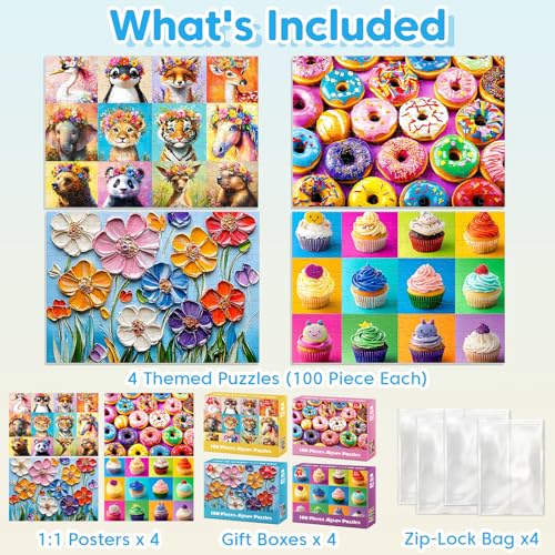 Jeacirio 100 Piece Puzzles for Kids Ages 48 Animals Flower Cupcakes Donuts Puzzle for Kids Ages 810 Large Puzzles for Senior Jigsaw Puzzles for Kid Ages 68 Year Old Educational Puzzle Toys 4Pack - Image 5