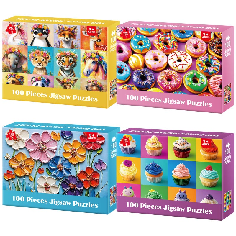 Jeacirio 100 Piece Puzzles for Kids Ages 48 Animals Flower Cupcakes Donuts Puzzle for Kids Ages 810 Large Puzzles for Senior Jigsaw Puzzles for Kid Ages 68 Year Old Educational Puzzle Toys 4Pack - Image 3