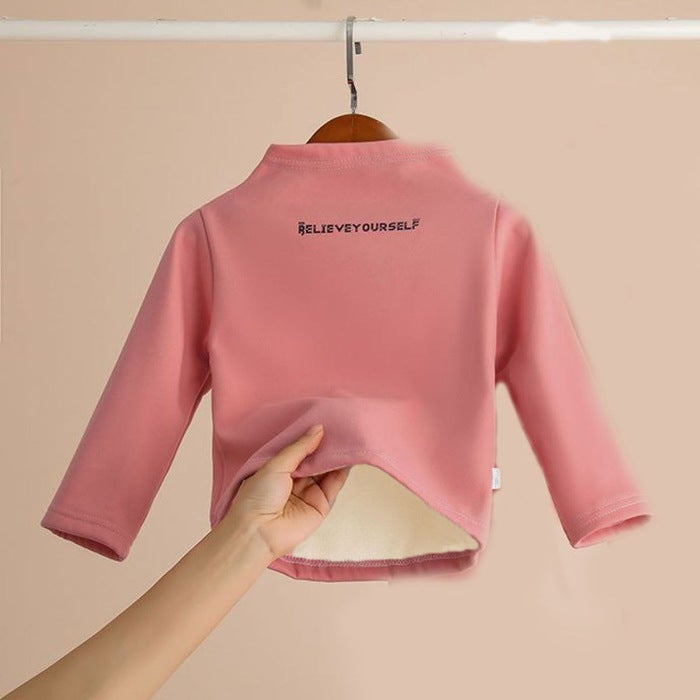 Childrens fleece-lined thickened turtleneck bottoming shirt suit winter boys and girls long johns underwear suit baby middle and big children Pink top