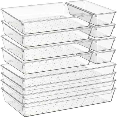 Criusia 12 Pack Large Clear Plastic Drawer Organizer Trays | MULTI-USE Acrylic Drawer Storage for Kitchen, Bathroom, Makeup, Office, School, Undies | College Dorm Room, Home Apartment Essentials - Image 1