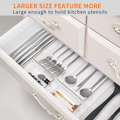 Criusia 12 Pack Large Clear Plastic Drawer Organizer Trays | MULTI-USE Acrylic Drawer Storage for Kitchen, Bathroom, Makeup, Office, School, Undies | College Dorm Room, Home Apartment Essentials - Image 3