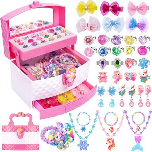MOZXEBOK Jewelry Toys for Girls Adjustable Rings Bracelets Necklaces Butterfly Hair Clips Toddler Bows Unicorns Kids Toys Set for Princess Dress Up Christmas Birthday Gifts 3 4 5 6 7 8 9 Year Old Girl - Image 1
