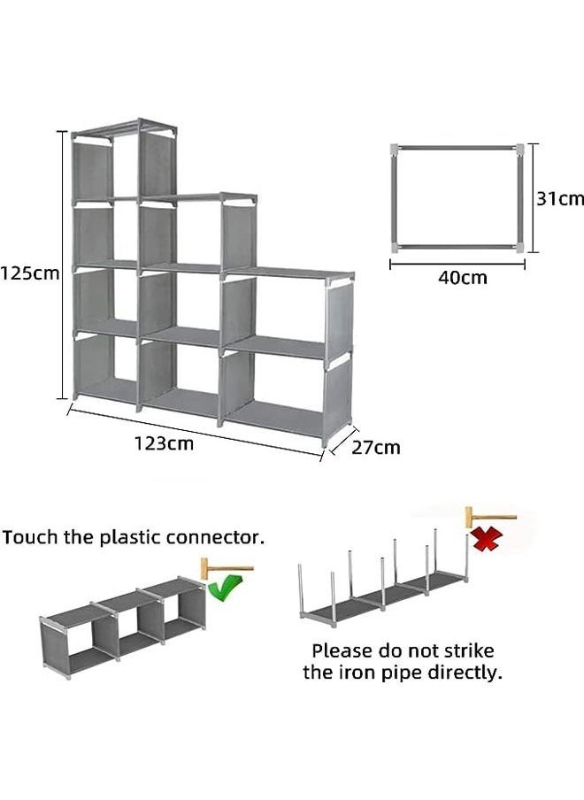 Book Shelf, 3 Row 4-Tier Bookshelf Bookcase 9 Cube Storage Shelves Plastic Storage Cabinet Multi-Function Simple Assembly Non Woven Storage Rack(Grey)