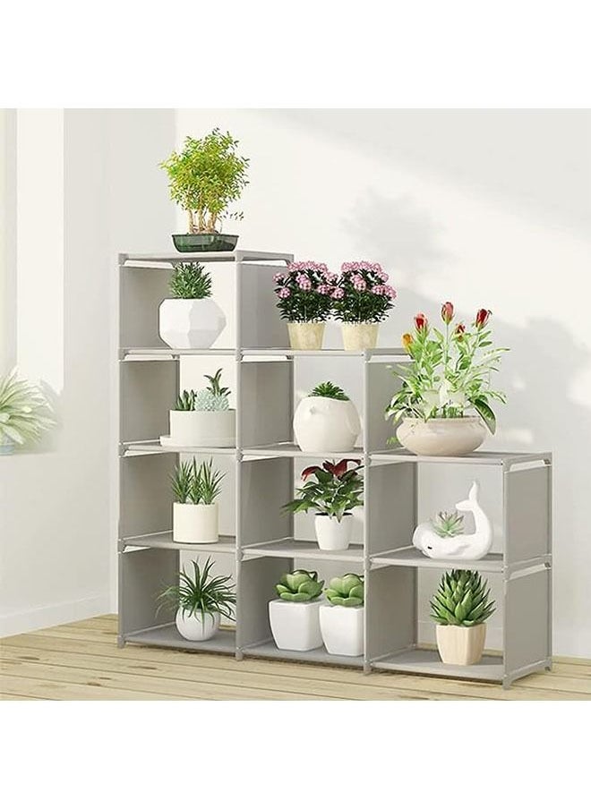 Book Shelf, 3 Row 4-Tier Bookshelf Bookcase 9 Cube Storage Shelves Plastic Storage Cabinet Multi-Function Simple Assembly Non Woven Storage Rack(Grey)