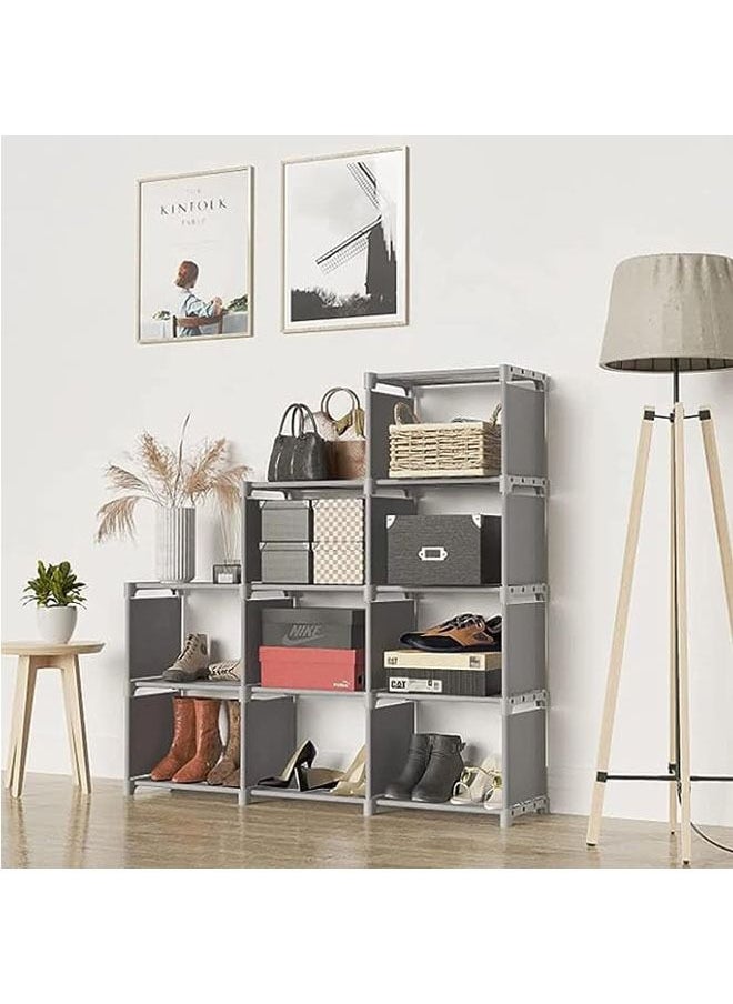 Book Shelf, 3 Row 4-Tier Bookshelf Bookcase 9 Cube Storage Shelves Plastic Storage Cabinet Multi-Function Simple Assembly Non Woven Storage Rack(Grey)