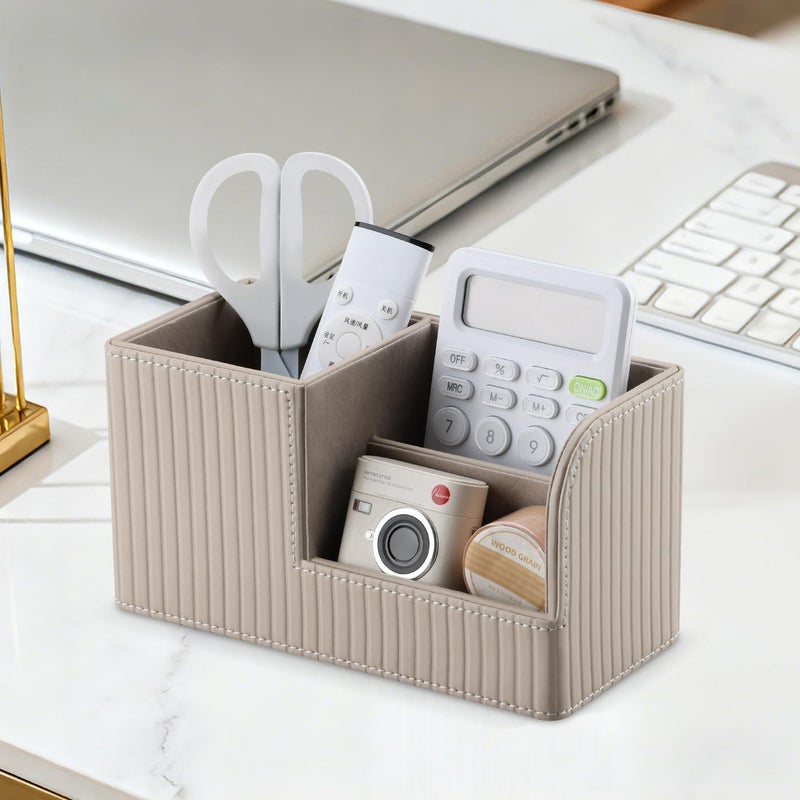 KINGFOM Desk Pen Organizer Office Supplies Caddy Pu Leather Multi-function Storage Box Pen/Pencil,Cell phone, Business Name Cards Remote Control Holder (Mocha Beige) - Image 2