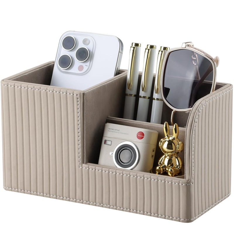 KINGFOM Desk Pen Organizer Office Supplies Caddy Pu Leather Multi-function Storage Box Pen/Pencil,Cell phone, Business Name Cards Remote Control Holder (Mocha Beige) - Image 1