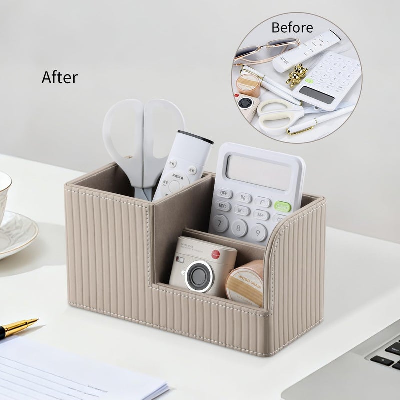 KINGFOM Desk Pen Organizer Office Supplies Caddy Pu Leather Multi-function Storage Box Pen/Pencil,Cell phone, Business Name Cards Remote Control Holder (Mocha Beige) - Image 5