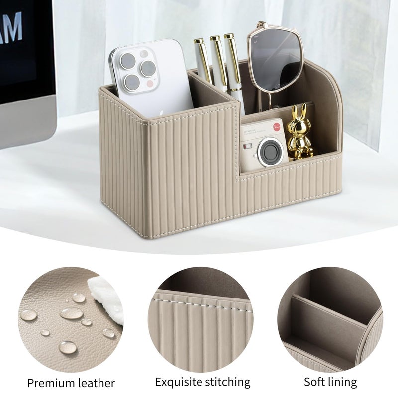 KINGFOM Desk Pen Organizer Office Supplies Caddy Pu Leather Multi-function Storage Box Pen/Pencil,Cell phone, Business Name Cards Remote Control Holder (Mocha Beige) - Image 4