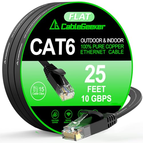 CableGeeker Cat 6 Ethernet Cable 25 ft, Indoor&Outdoor, High Speed 10Gbps Flat Internet Network Cable, Pure Copper Ethernet Patch Cable Long, Computer LAN Cable with Clips & Straps for Router, Modem, PS4/5, Black - Image 1