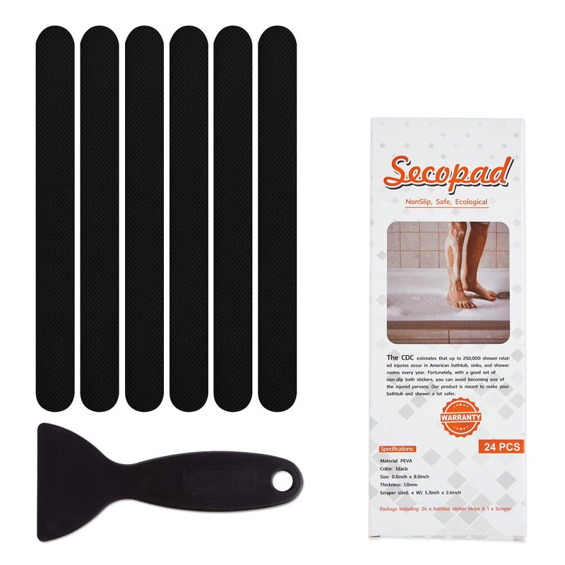 Secopad Non-Slip Bathtub Stickers 24 PCS Safety Bathroom Tubs Showers Treads Adhesive Decals Scraper (Black) - Image 1