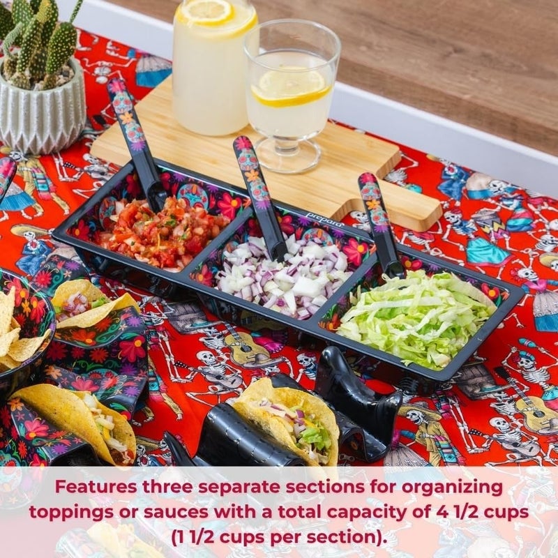 بريبارا صينية تقديم مقسمة إلى 3 أقسام بتصميم يوم الموتى من الميلامين المتين، الطول 37.1 × العرض 14.7 × الارتفاع 4.4 سم، للمقبلات والصلصات والتاكو والحفلات المنزلية - Image 3