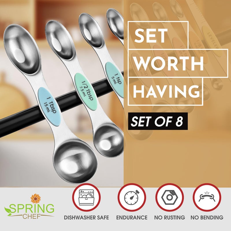 Spring Chef Stainless Steel Magnetic Measuring Spoons Set of 8 with Leveler, Metal Teaspoon & Tablespoon Measuring Spoons for Dry and Liquid Ingredients, Kitchen Gadgets for Baking & Cooking - Pastel - Image 2
