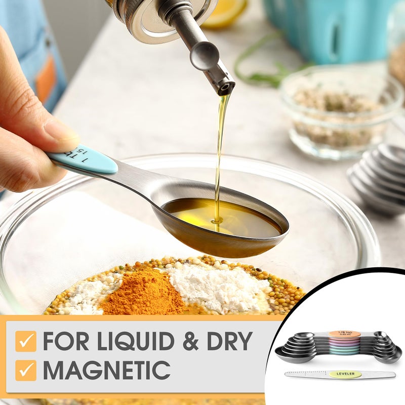 Spring Chef Stainless Steel Magnetic Measuring Spoons Set of 8 with Leveler, Metal Teaspoon & Tablespoon Measuring Spoons for Dry and Liquid Ingredients, Kitchen Gadgets for Baking & Cooking - Pastel - Image 4