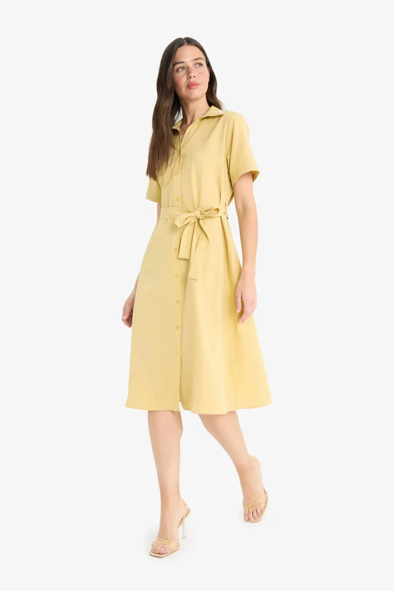 ديفاكتو A Cut Shirt Collar Belted Poplin Short Sleeve Midi Dress
