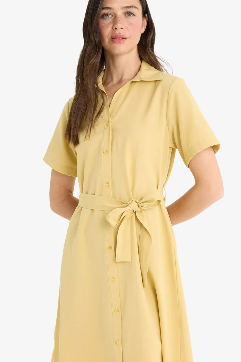 Defacto  A Cut Shirt Collar Belted Poplin Short Sleeve Midi Dress for Women | Best Price UAE