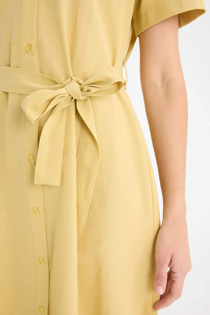 Defacto  A Cut Shirt Collar Belted Poplin Short Sleeve Midi Dress for Women | Best Price UAE
