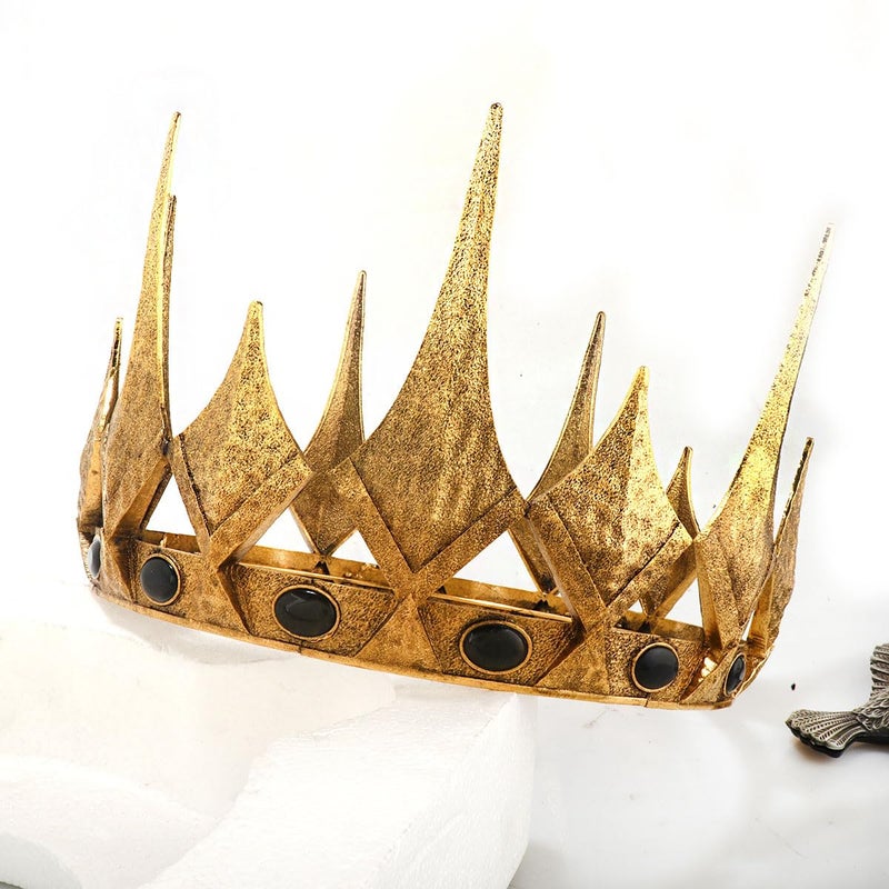 LEEMASING Queen King Opal Crown Round Royal Crown For Prom Pageant Birthday Party Valentines Costume (Large Size 7.28" Diameter,Dark Gold With Black Stone) - Image 4